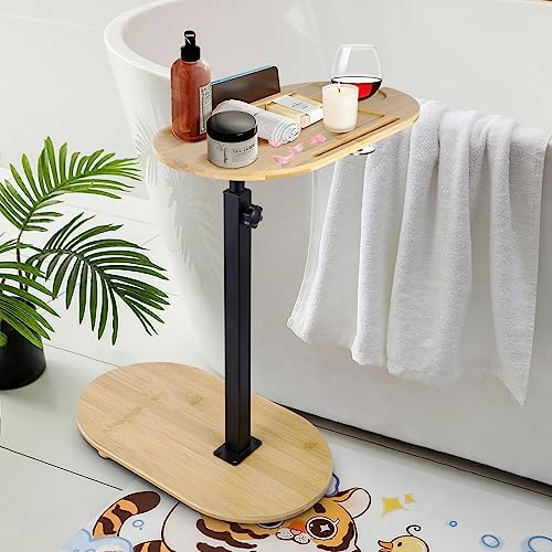C-Shaped Side Table, Adjustable Bamboo Sofa & Bedside End Table, Multi-Functional Tray Table for Living Room, Bedroom & Bathtub, Space-Saving with Storage Compartments