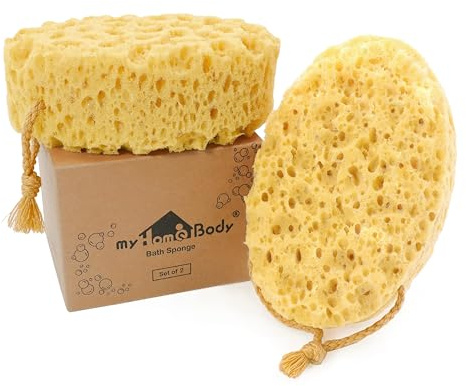 myHomeBody Bath Sponge, Foam Loofah, Body Scrubber for Bathing, Exfoliating Shower Pouf for Shower – Large Size, Lots of Lather, Oval, 2 Pack