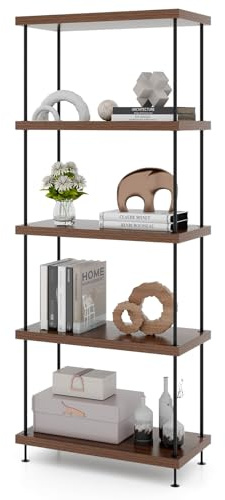 COSTWAY stående hylla, bokhylla med metallram, industriell förvaringshylla, förvaringshylla valnöt för sovrum, vardagsrum, hemmakontor (5 nivåer, 60 x 29,5 x 147 cm)