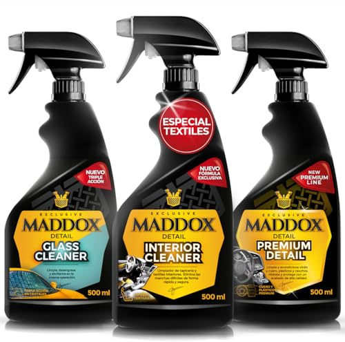 Maddox Detail - Kit Limpieza Premium de Tapicería, Salpicadero y Cristales y Acabados Interiores | Limpieza Completa para Coche | Interior Cleaner + Glass Cleaner + Premium Detail 3x500ml