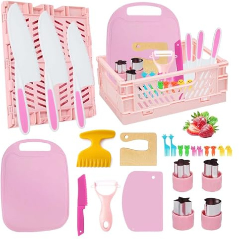 Kids kitchen knife Set for Chopping 24PCS Mini Chef Kids Cooking Knife Set with Toddler Knife,Foldable Storage Box,Crinkle Cutter,Cookie Cutters and more for 4 5 6 Years Boys Girls Birthday Gifts