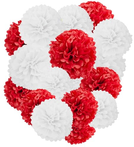 Capesaro Pompones decorativos de color rojo y blanco, 12 unidades, flores de papel, decoración de papel de seda, decoración de fiestas, despedidas de soltera, bodas, decoración de cumpleaños