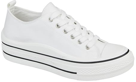 Urban Jacks Ladies Lace Up Platform Sole Canvas Baseball Sneakers 4-8 (White, UK Footwear Size System, Adult, Women, Numeric, Medium, 6)