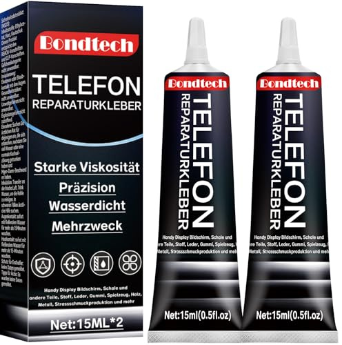 Bondtech 15ml *2 Adhesivo para Pantalla Extra Fuerte, Adhesivo para Móvil y Smartphone Negro, para Piezas de la Carcasa, Pantalla, Pantalla Táctil, Cristal, Universal, con Agujas de Precisión Pequeñas