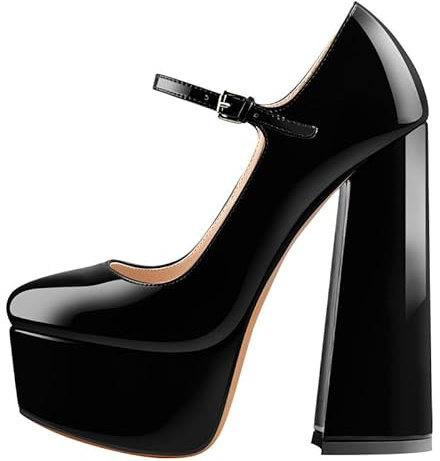 blingqueen Escarpins Mary Jane à talons hauts pour femme avec talon bloc verni, Vernis noir., 37 EU