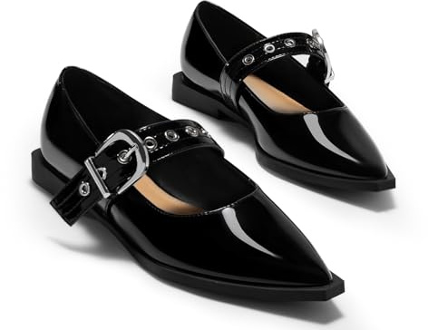 Coutgo Womens Mary Jane Flats Closed Pointed Toe Ballet Flat Studded Metal Adjustable Buckle Dress Shoes, Black, Size 7.5