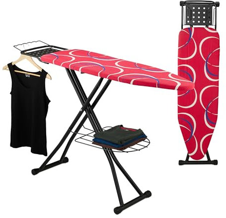 Relaxdays Bügelbrett für Dampfbügeleisen, 110 x 33 cm, höhenverstellbar, klappbar, Kleiderablagen, Bügeltisch, rot