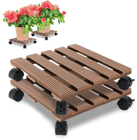 Peviasot Rotella per piante, 2 rotoli in WPC, portata 80 kg, rotolo per fiori, rettangolare, 30 x 30 cm, ruote girevoli a 360°, rullo per fiori con ruote per interni ed esterni, marrone