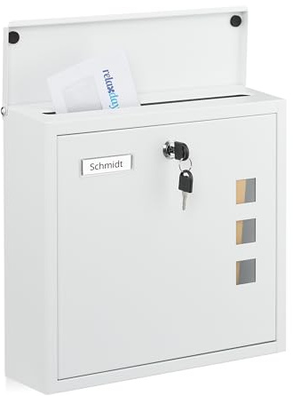 Relaxdays Cassetta della Posta a Parete, Buca Porta Lettere con Chiave e Finestrelle, Mailbox HLP: 33x35x12 cm, Bianco