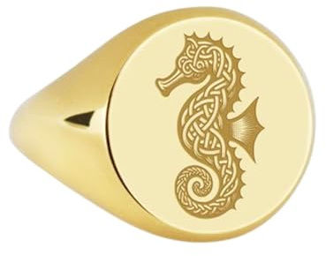 LKBEADS Sjöhäst i 925 sterlingsilver | Guldpläterad ring | Sigillring i rund form, 14 x 14 mm | Bandstorlek US 5–12,5 avelaibal | LKDR_0064