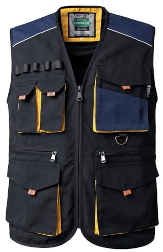 KTWOLEN Men's Work Vest Multi Pocket Tool Vest Workwear Carpenter Warehouse Safety Work Gilet, Black, L