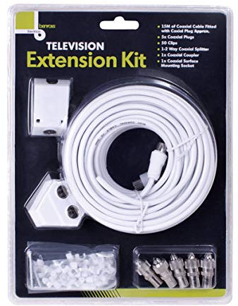 BENROSS 44110 15 Metre TV Extension Cable Kit/Coaxial Cable Extension Cord/DIY Setup/Includes Additional Accessories, Mounting Socket & Clips