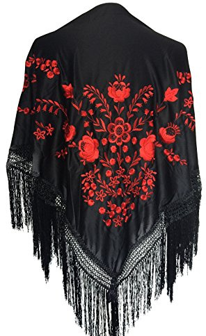 LA SEÑORITA Foulard spagnolo flamenco, Scialle per danza con Frange nero per ragazze e donne, Manton Taglia Unica 160x80 cm Medio, Colore nero con decorazioni rosso, forma triangolare