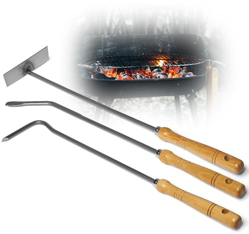 Kaminzubehör Set aus Stocheisen Aschenkratzer Feuerhaken mit Holzgriff Kaminbesteck Schüreisen Schürhaken Glutkratzer (1, Stocheisen+Aschenkratzer+Feuerhaken)