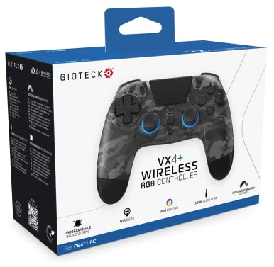 Gioteck VX4+ Wireless Controller for PlayStation 4 (PS4) - Dark Camo - Customisable RGB Lighting and Programmable Back Buttons - Bluetooth Compatible