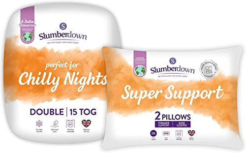 Slumberdown Chilly Nights 15 Tog Double Duvet & 2 Super Support Pillows - Extra Warm & Cosy Winter Quilt for Cold Nights | UK-Made, Soft Touch Cover, Non-Allergenic & Machine Washable (200 x 200cm)