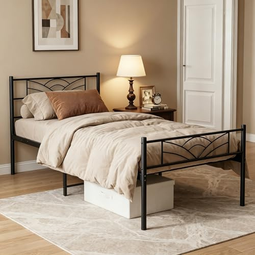 Panana Single Bed Frames with Headboard 3ft Black Metal Single Bed Frame with Storage Heavy Duty with Steel Slats No Box Spring Needed (Black, 3FT)