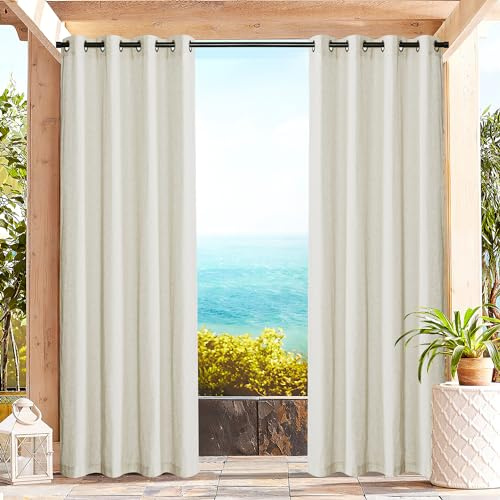 PONY DANCE Tende Lino per Esterno con Anelli Curtains Beige Semitrasparenti Impermeabili per Gazebo Tenda da Sole per Balconi 2 Pezzi L 140 x A 274 cm