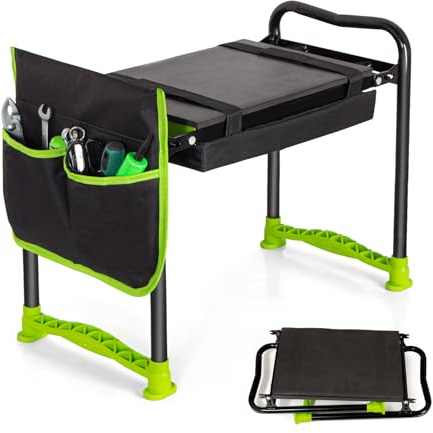 Todeco Gartenhocker Kniebank mit 2 Arten von Kissen und Gartenwerkzeug Tasche, Gartenhelfer Kniehilfe für Gartenarbeit, 2 in 1 Sitzbank klappbar Garten mit Schaumkissen und Stahlrohrgestell