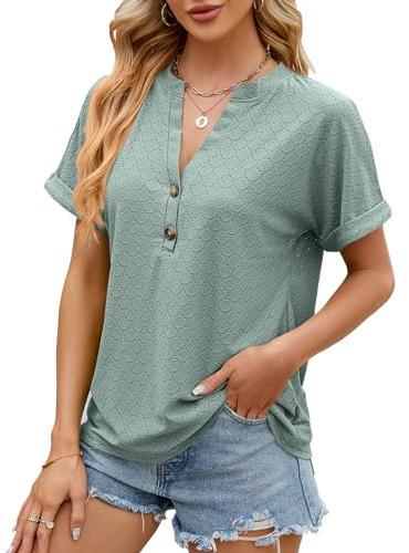 Bluse Damen Sommer Aushöhlen V Ausschnitt T Shirt Kurzarm Knopfleiste Oberteile Elegant Tunika Locker Top, Grün, L