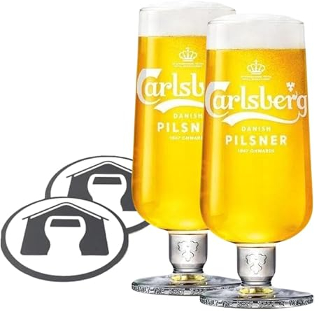GarageBar Carlsberg Pilsner-Glas, Stiel-Bierglas, offizieller Merchandise-Artikel, mit 2 Bier-Tropfmatten (2 Pint)