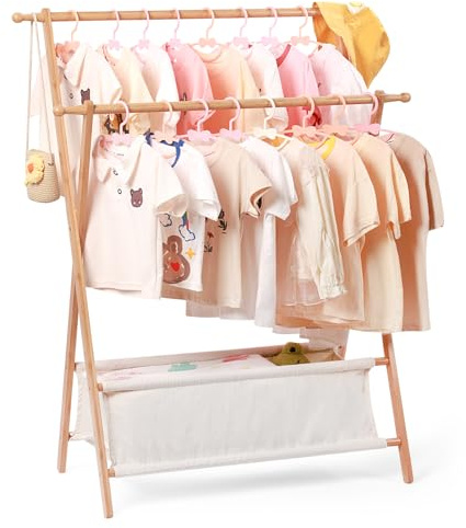 Relquorax Perchero de bambú para niños con doble poste, estante organizador de ropa, organizador de ropa, estante pequeño con almacenamiento, perfecto para disfraces y accesorios (color natural)