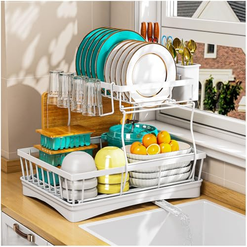 StowBin 2 Tier Dish Drainer Rack for Kitchen Counter,Space-Saving Dish Rack | Large Capacity Dish Drying Rack with Draining Board,Utensil Holder,White