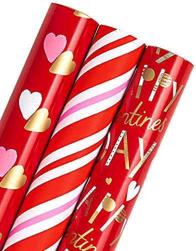 RUSPEPA Rollo de papel de regalo para el día de San Valentín - Mini rollo - 3 rollos - 43,2 cm x 3,05 m por rollo - Diseño de corazón rojo y rosa para bodas, baby shower y cumpleaños