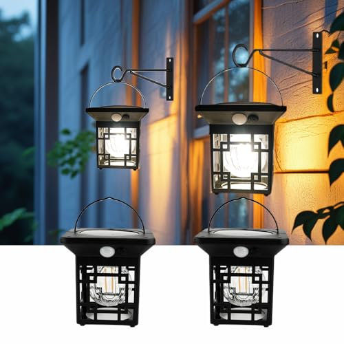 Hqynss Solar Lanterns, LED Hanging House-Shaped Garden Lanterns, Sensor Solar Wall Light with 3 Lighting Modes, IP65 Waterproof, for Fence, Wall, Porch, Outdoor (2 Pack)