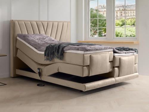 Vente-unique-Boxspringbett mit Bett-Kopfteil + elektrisch verstellbare Lattenroste + Matratzen + Topper - 2 x 80 x 200 cm - Samt - Beige - LUMONI von YSMÉE