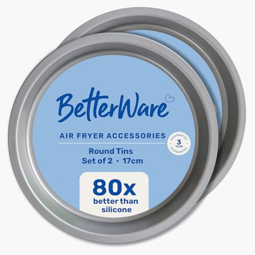BetterWare Air Fryer Accessories Set of 2 x 17cm Round Tins | Non-Stick Low Carbon Steel | Dishwasher & Freezer Safe | Compatible with Most Air Fryers | Ideal for Cooking, Roasting & Baking