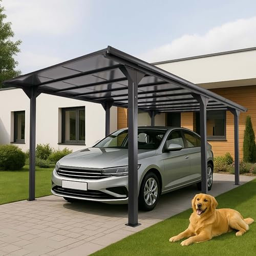 Alcoberta independiente Mendler HWC-O23, refugio para coche y garaje, estructura de 10 cm con techo de policarbonato y canaleta de lluvia, 3x6m - antracita