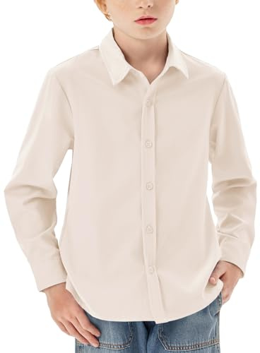 Haloumoning - Camisa de manga larga para niños, con botones, ajuste regular, casual, para ocio, fiesta, escolar, de un solo color, fácil de planchar, uniforme escolar formal, parte de arriba, beige, 7