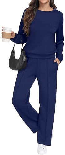 GRECERELLE Träningsoverall, joggingdräkt, dam, tvådelad outfits, tracksuit långärmad, avslappnad, rund hals, lediga toppar och joggingbyxor, träningsoveraller med fickor, Marinblå, S