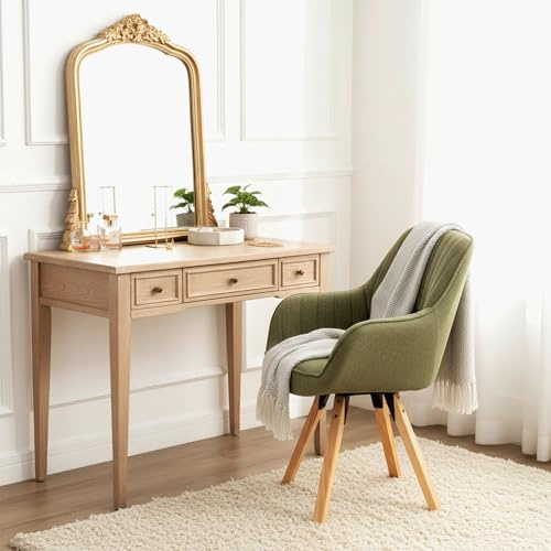 Meuble Cosy Fauteuil de Coiffure Pivotant 360° Chaise de Maquillage avec Accoudoirs, Siège Confortable et Dossier, Pieds en Bois Massif, Vert