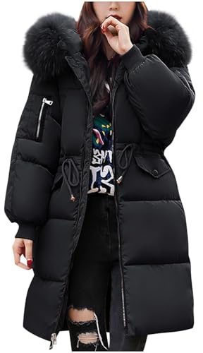 Womens Puffer Coat - Winter Mid-lengh Down Jacket Lightweight Waterproof Jackets with Fur Hood, Long Sleeve Plus Size Parka Trench Coat Slim Fit Warm Outwear For Outdoor Hiking (Black,XL)