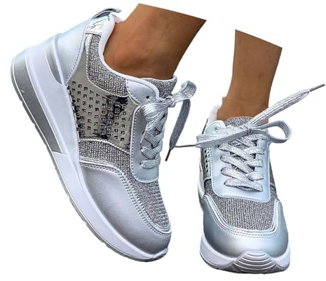 Nuqqichongtian Sneaker da donna con glitter – traspirante con lacci, comode scarpe da ginnastica con strass, sneaker da donna, con plateau e paillettes metalliche leggere