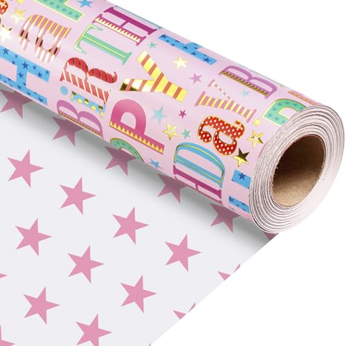 Wikadlik Birthday Wrapping Paper Roll - 43cm x 10m Colorful Happy Birthday Lettering and Star Pink Gift Wrap Paper
