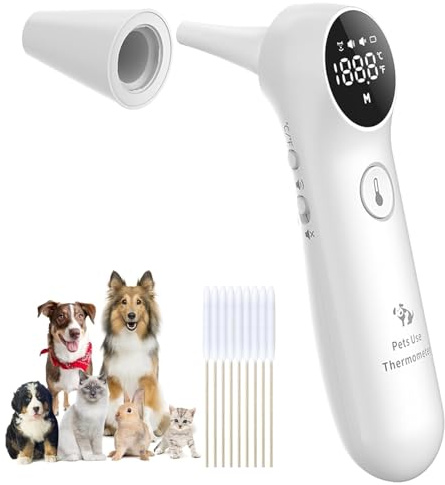 Örontermometer för hundar, katter och husdjur, med lång mätgivare, omkoppling i °C/°F, tystgående, mätning på 1 sekund (vit)