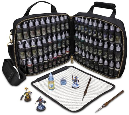 ENHANCE Custodia per Pittura Miniature - Valigetta con Slot per 60 Flaconi e 16 Pennelli, Organizer con Display a Galleria per Colori, Tracolla Comoda, Tappetino Lavabile e Superficie Facile da Pulire