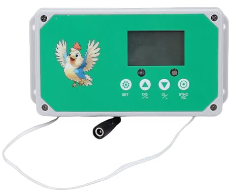 Asixxsix Automatisk Hönshusdörrkontroll, IP44 Vattensäker Programmerbar Fjäderfähusdörrmotorsats med Timer, LED-skärm och Fjärrkontroll, för Kycklinganka Gåsfarm (EU-Plug)