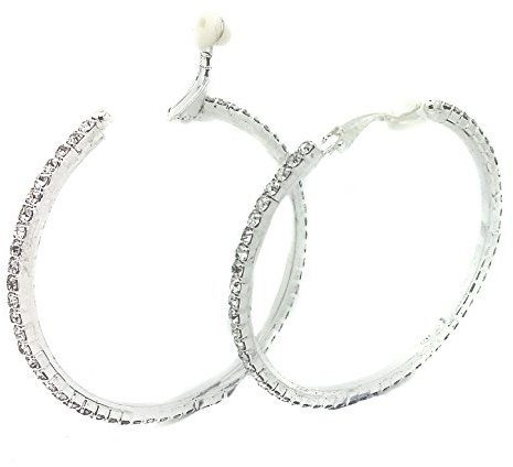 5.5cm CLIP ON Diamante CRYSTAL Rhinestone BIG Silver HOOP EARRINGS CZ Cushion