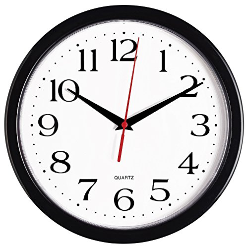 Bernhard Products Black Wall Clock Silent Non Ticking 10 Inch Quality Quartz Battery Operated Round Easy to Read Home/Office/Kitchen/Classroom/School Clock Sweep Movement