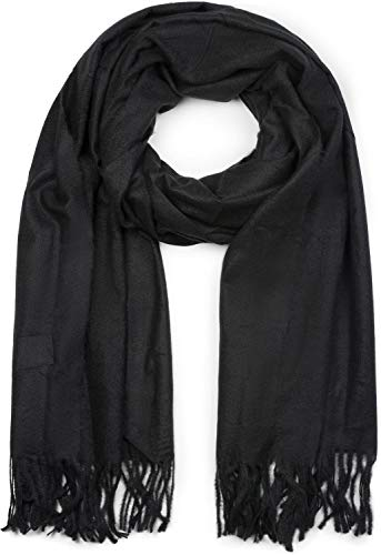 styleBREAKER Unisex Langer Schal einfarbig mit Fransen, Winter Stola Warm Unifarben, Weiches Tuch Viskose 01017104, Farbe:Schwarz