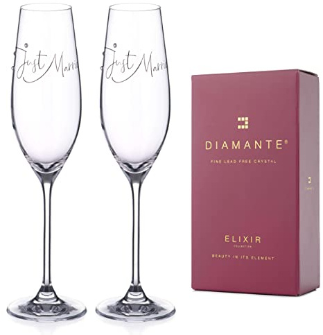 DIAMANTE Swarovski “Just Married” Champagne Flutes – Wedding Gift Crystal Embellished with Swarovski Crystals – Gift Boxed Pair
