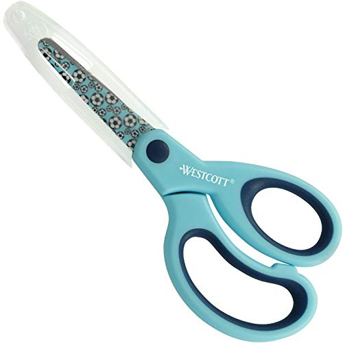 Westcott mjukt grepp barnsax med fotbollsmiljö, tryckt, bladskydd, 13 cm, rund spets, högerhänta, blå, E-21561 00