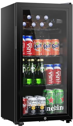 3.2 Cu.Ft Beverage Refrigerator, 105 Can Mini Fridge with Glass Door, Black
