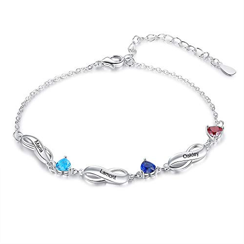 ALBERTBAND Bracelet Infinity Argent Personnalisé avec Noms et Charmes Pierre de Naissance Simulés Bracelets Réglables pour Femmes Filles (3 noms)