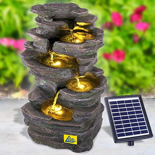 Fuente para Jardin Fuente de Agua en Cascada de 5 Niveles Fuente Ornamental diseño de pierda con iluminación Solar para terraza, Balcon, Jardin con Bomba, bateria de Iones de Litio y luz LED