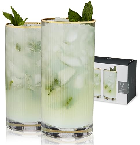 Viski Meridian Highball Glasses Set of 2 - Vintage Drinking Glass, Art Deco Ripple Glassware Design, 15oz Gold Rimmed Collins Glasses Set